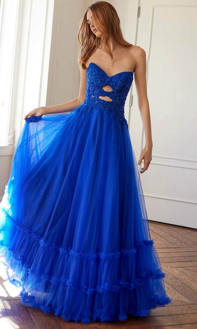 Juliet Dresses 2561S - Lace Applique Strapless Ruffled Gown Prom Dresses