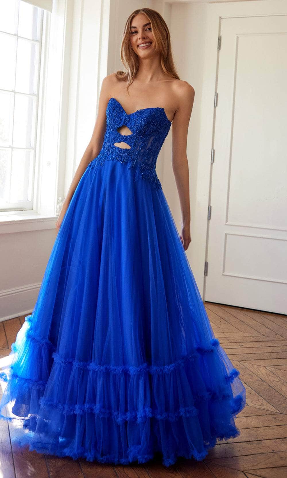 Juliet Dresses 2561S - Lace Applique Strapless Ruffled Gown Prom Dresses