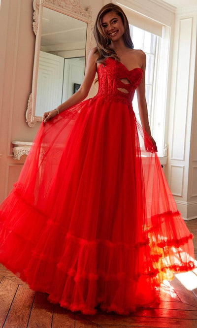 Juliet Dresses 2561S - Lace Applique Strapless Ruffled Gown Prom Dresses
