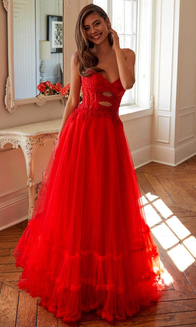 Juliet Dresses 2561S - Lace Applique Strapless Ruffled Gown Prom Dresses