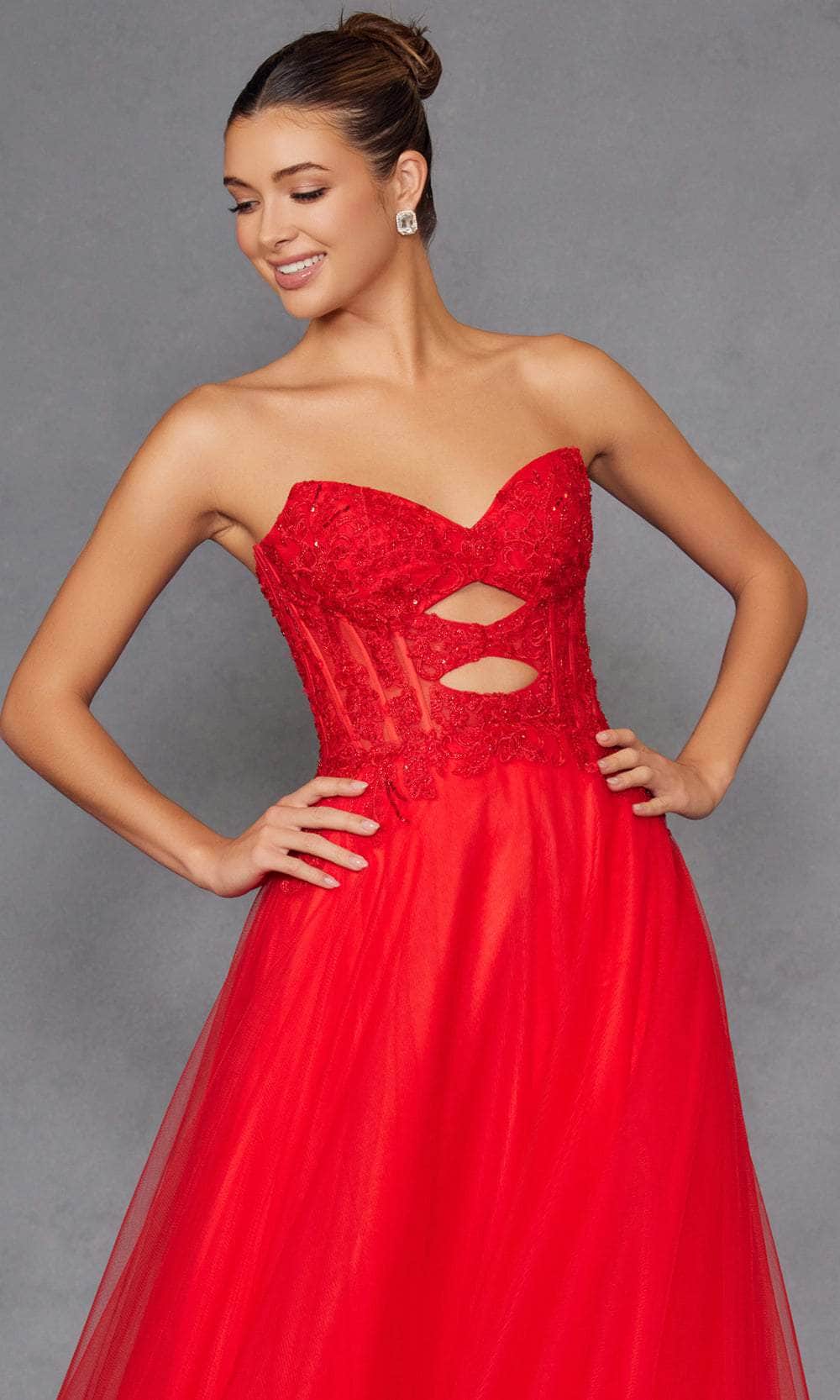 Juliet Dresses 2561S - Lace Applique Strapless Ruffled Gown Prom Dresses