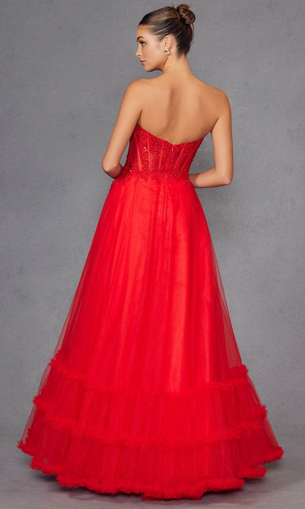 Juliet Dresses 2561S - Lace Applique Strapless Ruffled Gown Prom Dresses