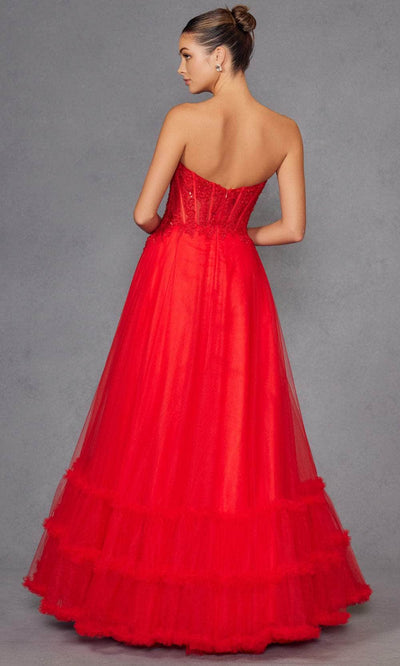 Juliet Dresses 2561S - Lace Applique Strapless Ruffled Gown Prom Dresses