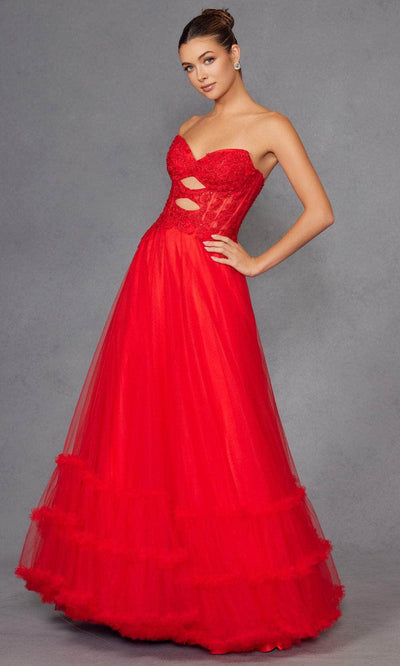 Juliet Dresses 2561S - Lace Applique Strapless Ruffled Gown Prom Dresses