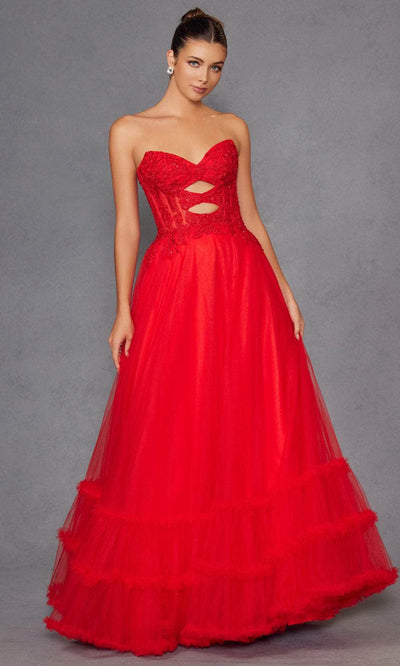 Juliet Dresses 2561S - Lace Applique Strapless Ruffled Gown Prom Dresses