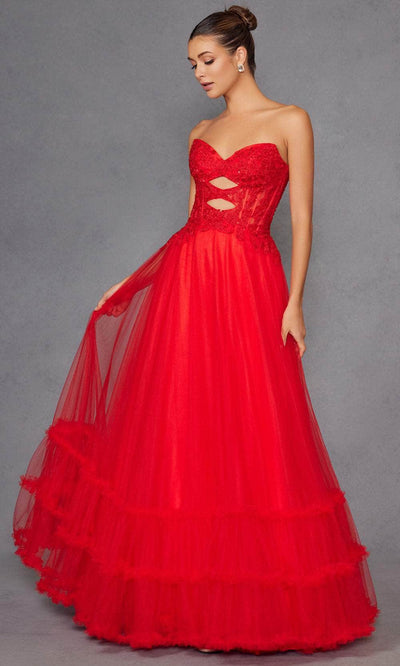 Juliet Dresses 2561S - Lace Applique Strapless Ruffled Gown Prom Dresses