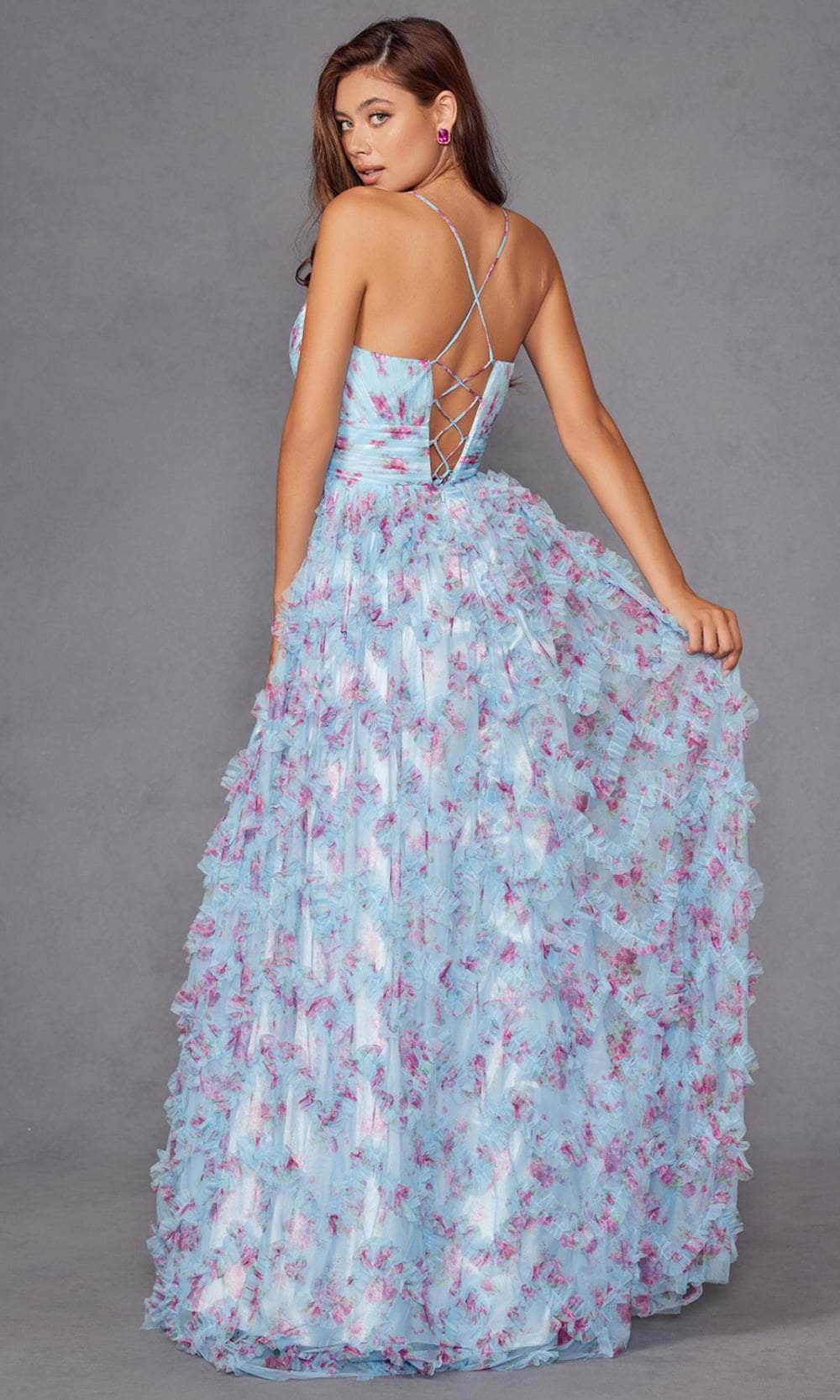 Juliet Dresses 2572U - Floral Print Ruffled A-Line Gown Prom Dresses