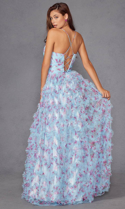 Juliet Dresses 2572U - Floral Print Ruffled A-Line Gown Prom Dresses