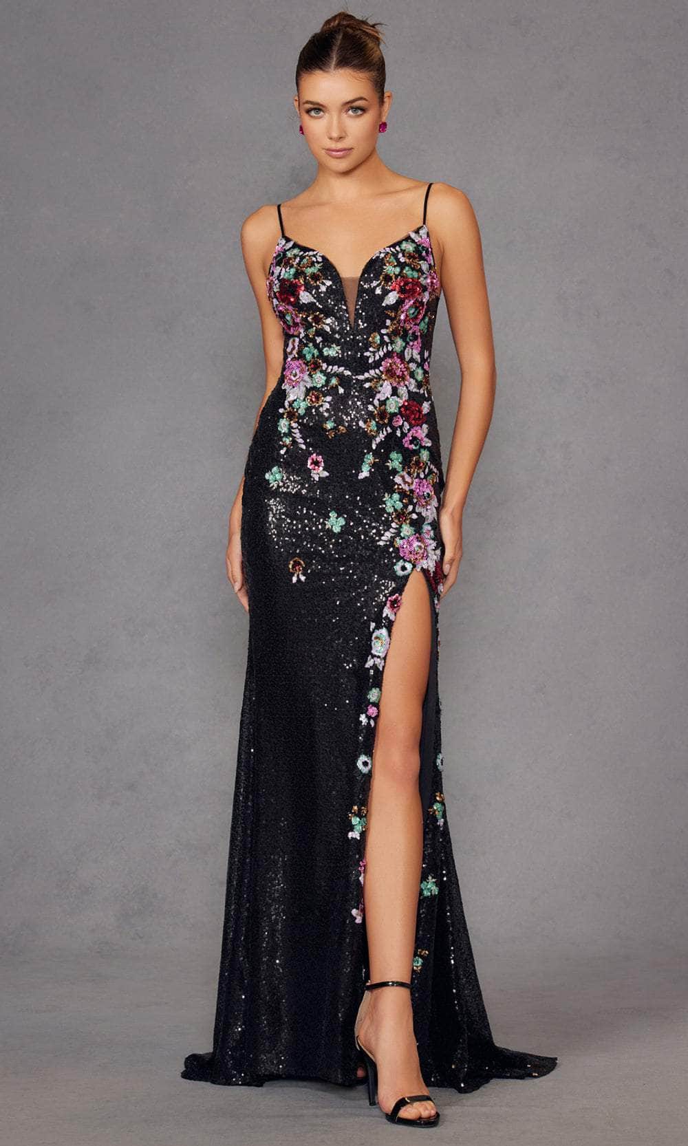 Juliet Dresses 2909K - Plunging Sequin Mesh Evening Gown Prom Dresses