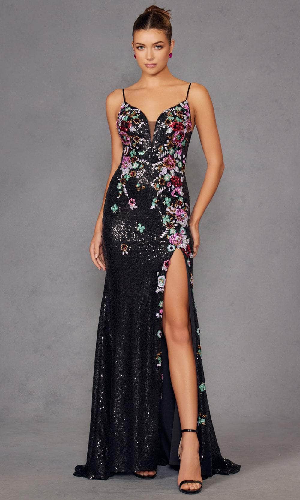 Juliet Dresses 2909K - Plunging Sequin Mesh Evening Gown Prom Dresses