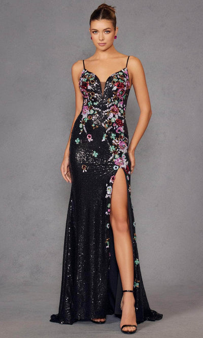 Juliet Dresses 2909K - Plunging Sequin Mesh Evening Gown Prom Dresses