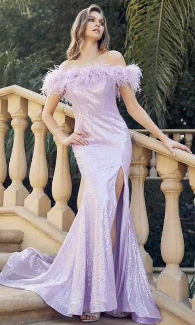 Juliet Dresses 292 - Sequin Sheath Gown with High Slit and Feathers Prom Dresses