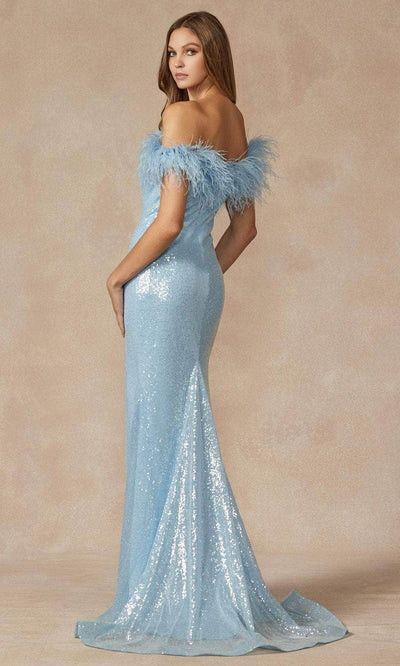 Juliet Dresses 292 - Sequin Sheath Gown with High Slit and Feathers Prom Dresses