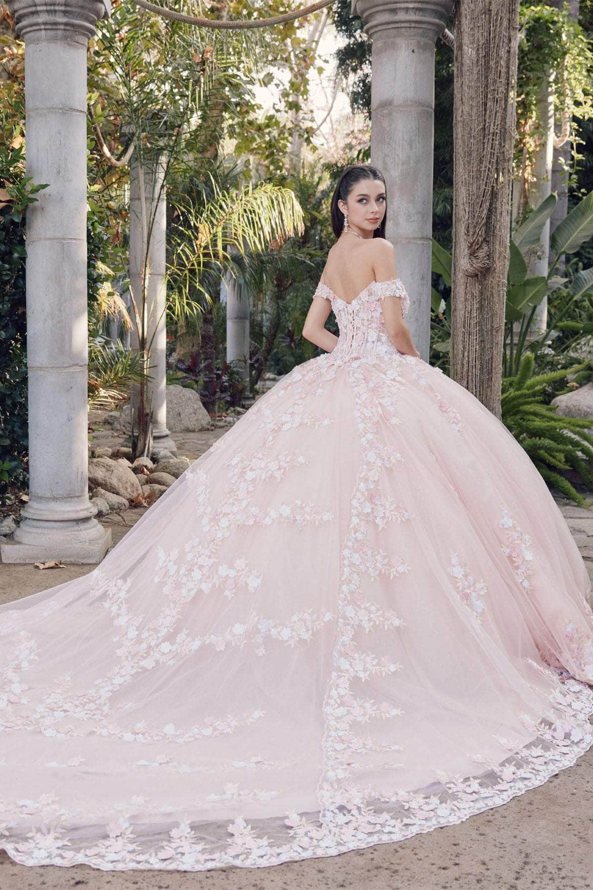 Juliet Dresses JT1460J - Long Ballgown Dress - 3D Floral Embellishments, Off-Shoulder, Corset Bodice, Lace-Up Back, Train XS / Blush Juliet Dresses JT1460J - Long Ballgown Dress - 3D Floral Embellishments, Off-Shoulder, Corset Bodice, Lace-Up Back, Train XS / Blush