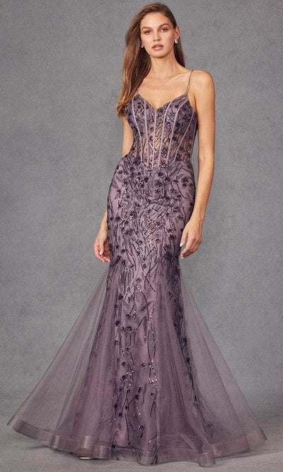 Juliet Dresses JT2441S - V-Neck Godets Accent Prom Gown Evening Dresses XS / Grey Purple