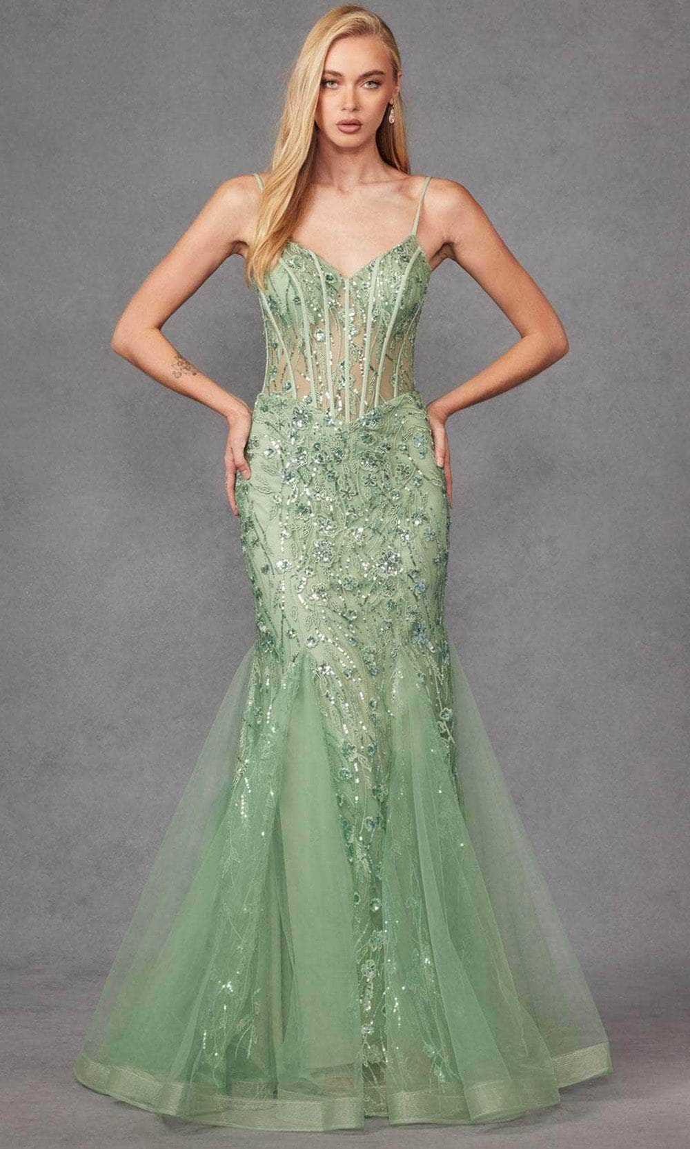 Juliet Dresses JT2441S - V-Neck Godets Accent Prom Gown Evening Dresses XS / Sage Green