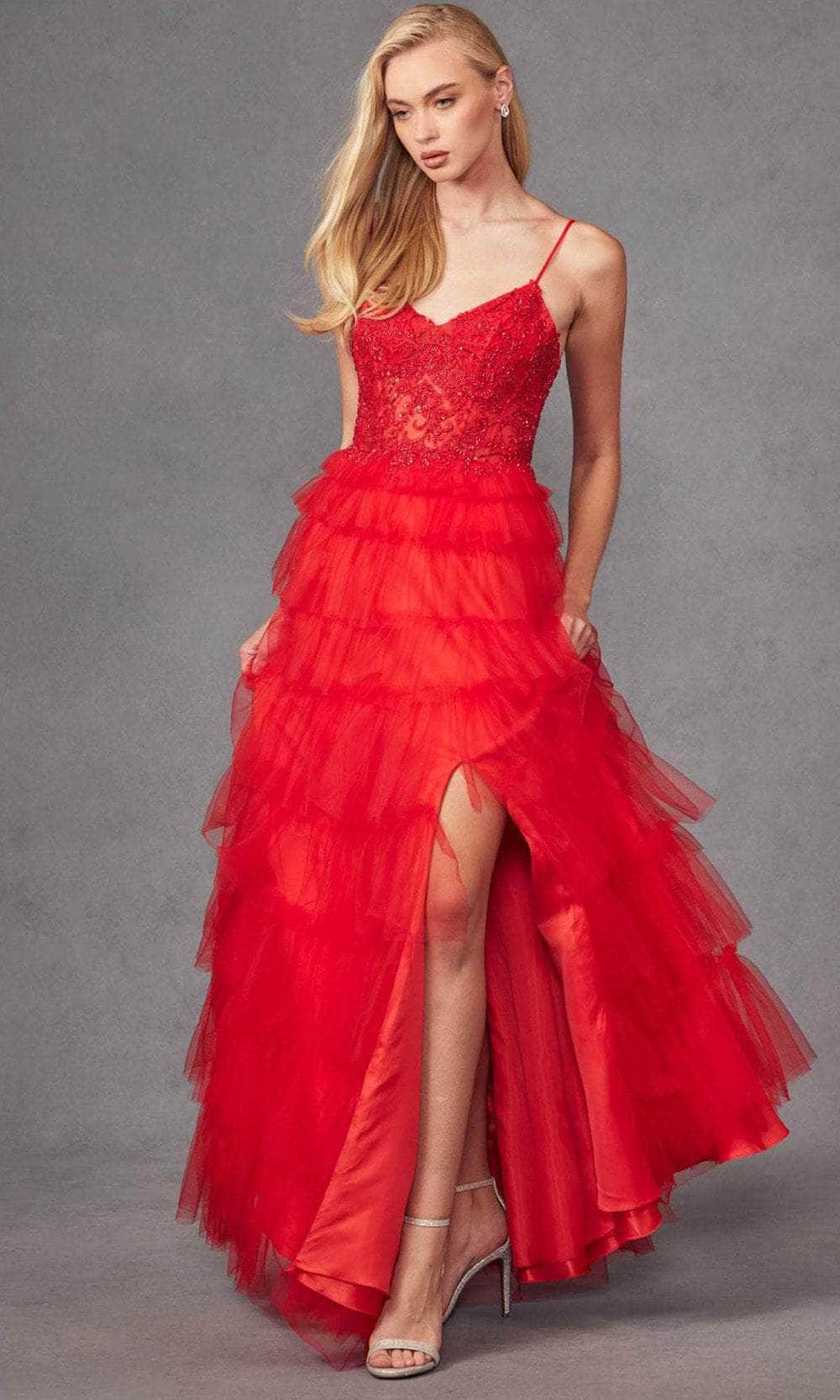 Juliet Dresses JT2451S - Long Tulle A-Line Dress - Sleeveless, Thin Strap, Beaded, Lace Appliques, Sheer Corset Bodice, Lace-Up Back, Tiered Ruffles, High Slit, Floor Length ADASA Juliet Dresses JT2451S - Long Tulle A-Line Dress - Sleeveless, Thin Strap, Beaded, Lace Appliques, Sheer Corset Bodice, Lace-Up Back, Tiered Ruffles, High Slit, Floor Length ADASA