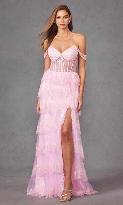 Juliet Dresses JT2453K - Off Shoulder Sequin Lace Prom Gown Prom Dresses XS / Baby Pink