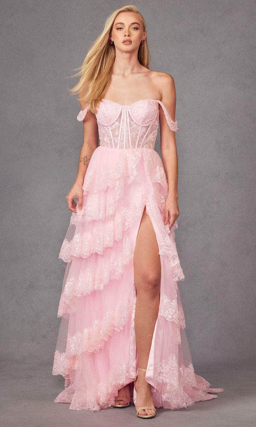 Juliet Dresses JT2467K - Draped Off Shoulder Prom Gown Prom Dresses XS / Ice Pink