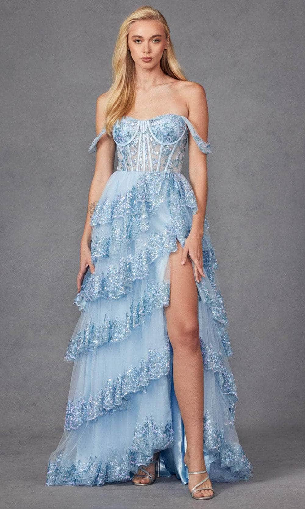 Juliet Dresses JT2467K - Draped Off Shoulder Prom Gown Prom Dresses XS / Light Blue