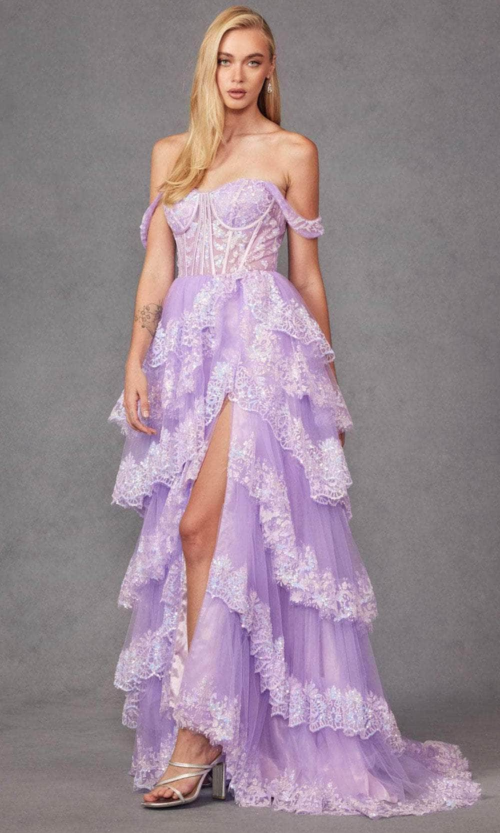 Juliet Dresses JT2467K - Draped Off Shoulder Prom Gown Prom Dresses XS / Lilac