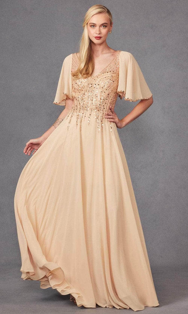 Juliet Dresses JTM14F - Long Chiffon A-Line Dress - Short Flutter Sleeve, Sequin, Beaded, V-Back, Back Zipper, Floor Length 3XL / Silver