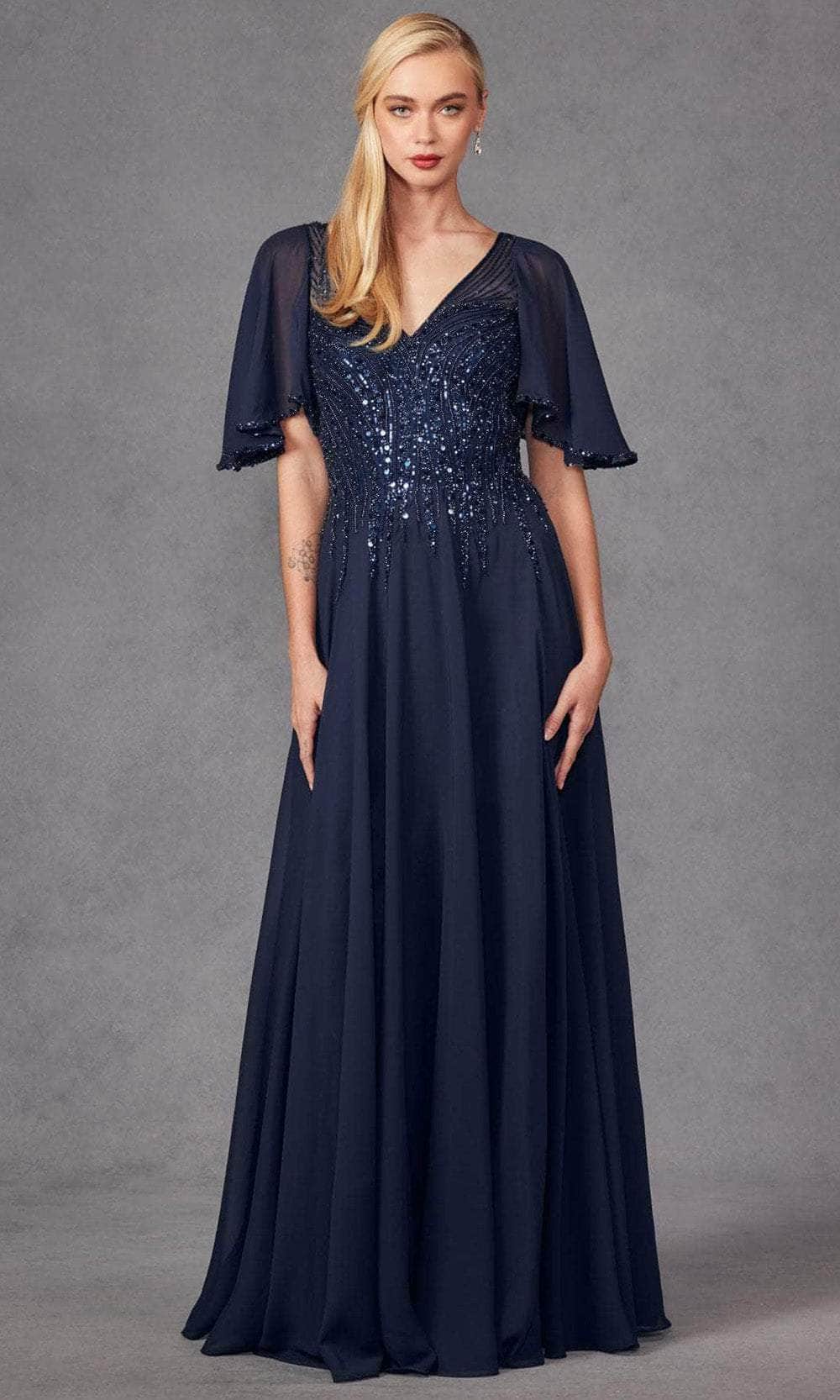Juliet Dresses JTM14F - V-Neck A-Line Prom Gown Evening Dresses XS / Navy Blue