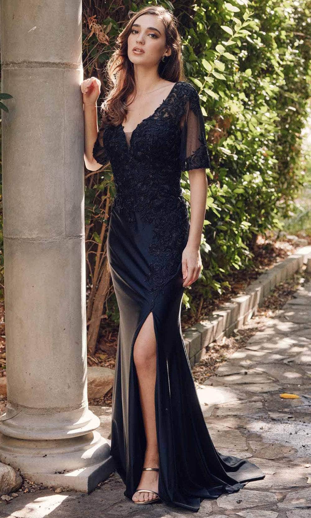 Juliet Dresses JTM15L - Sheer Short Sleeve Prom Gown Evening Dresses XS / Black