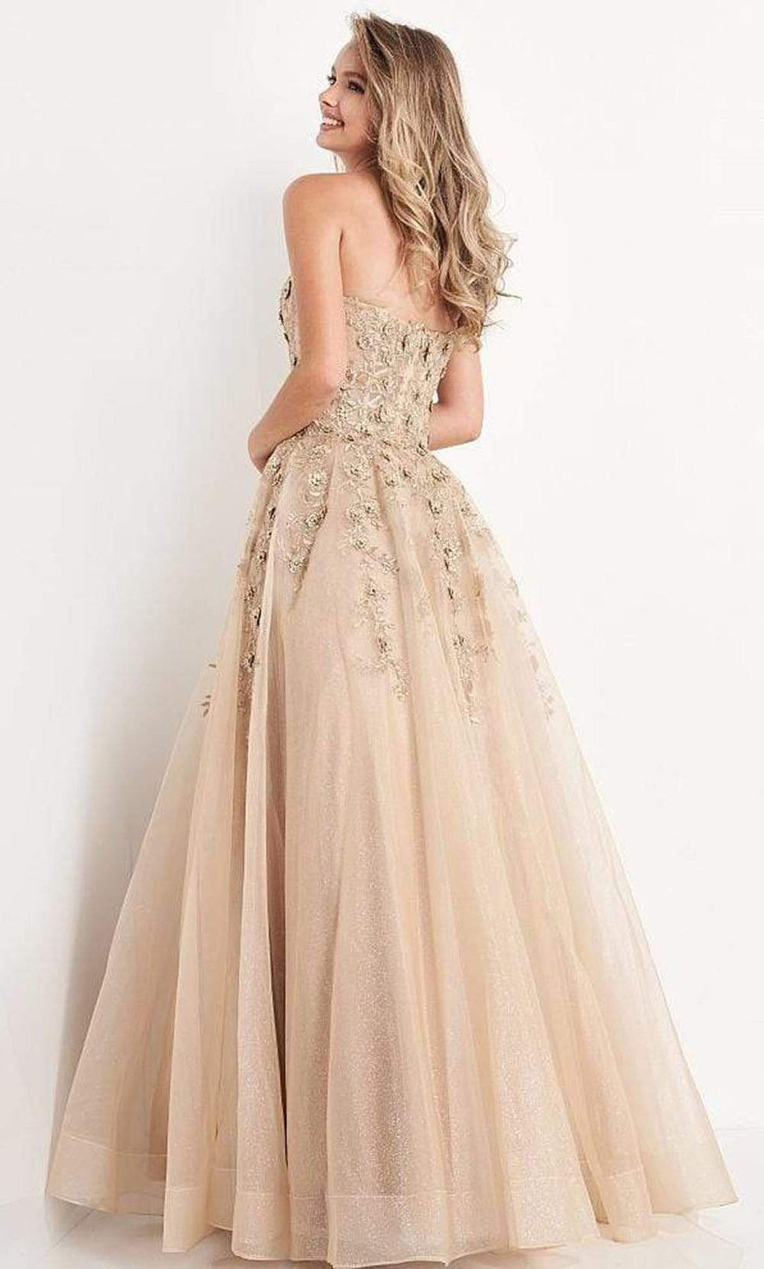 JVN by Jovani - JVN05451 Strapless Floral Embroidered Glitter Ballgown