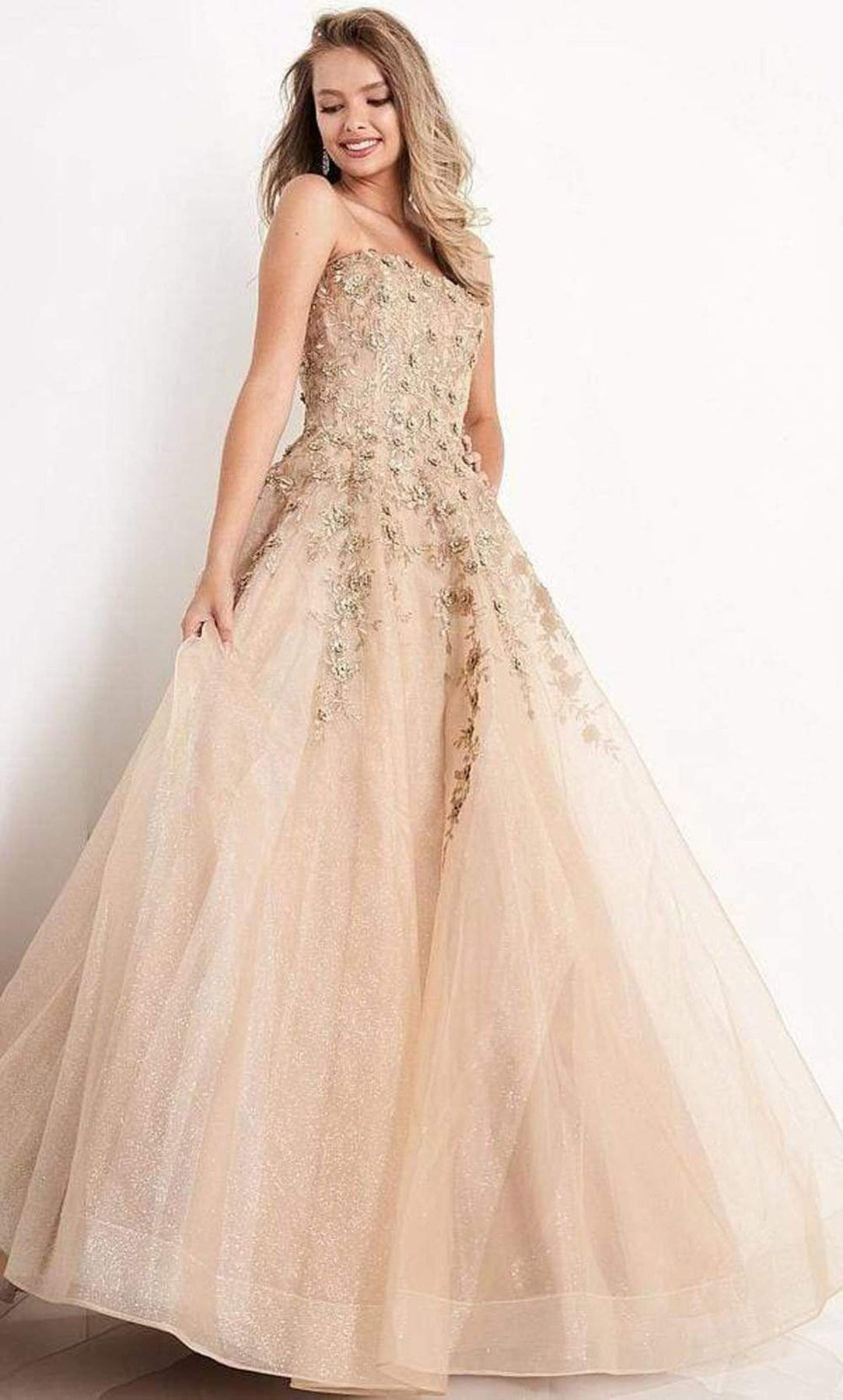 JVN by Jovani - JVN05451 Strapless Floral Embroidered Glitter Ballgown