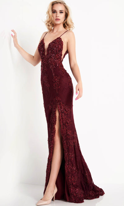 JVN by Jovani - JVN00864 Embellished Deep V-neck Sheath Dress With Slit Evening Dresses 00 / Burgundy