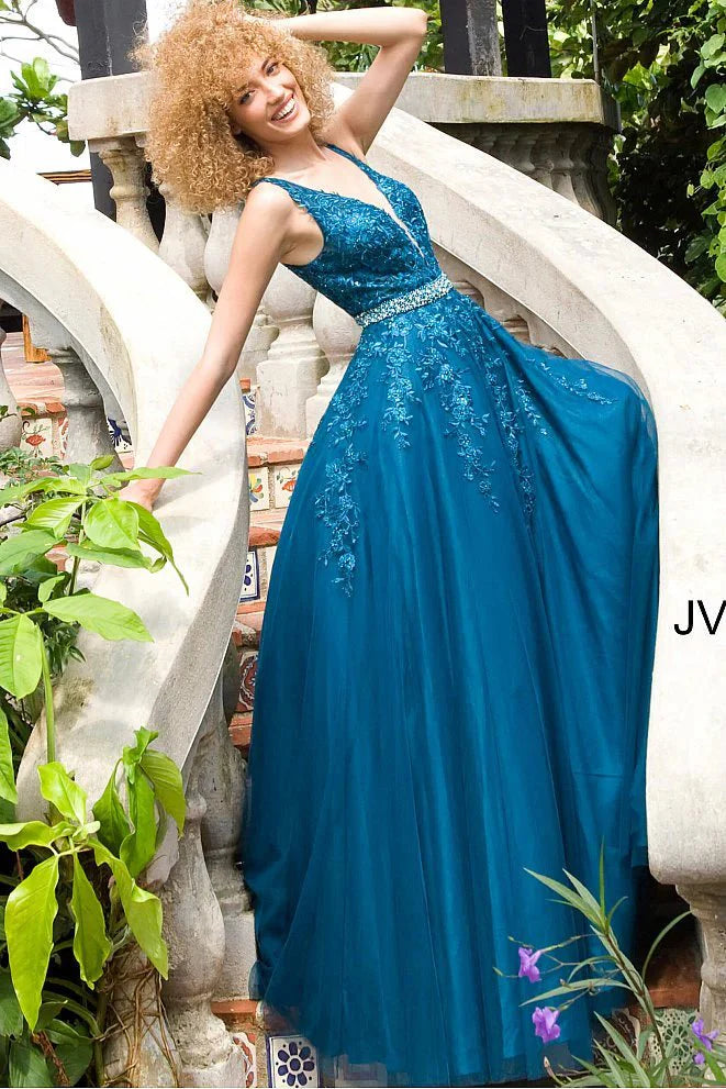 JVN by Jovani - JVN00925 Embroidered Junior Prom Gown Prom Dresses 00 / Turquoise