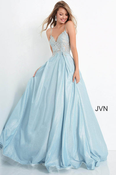 JVN by Jovani - JVN2206 Floral Embroidered V-Neck Ballgown Ball Gowns 00 / Light-Blue