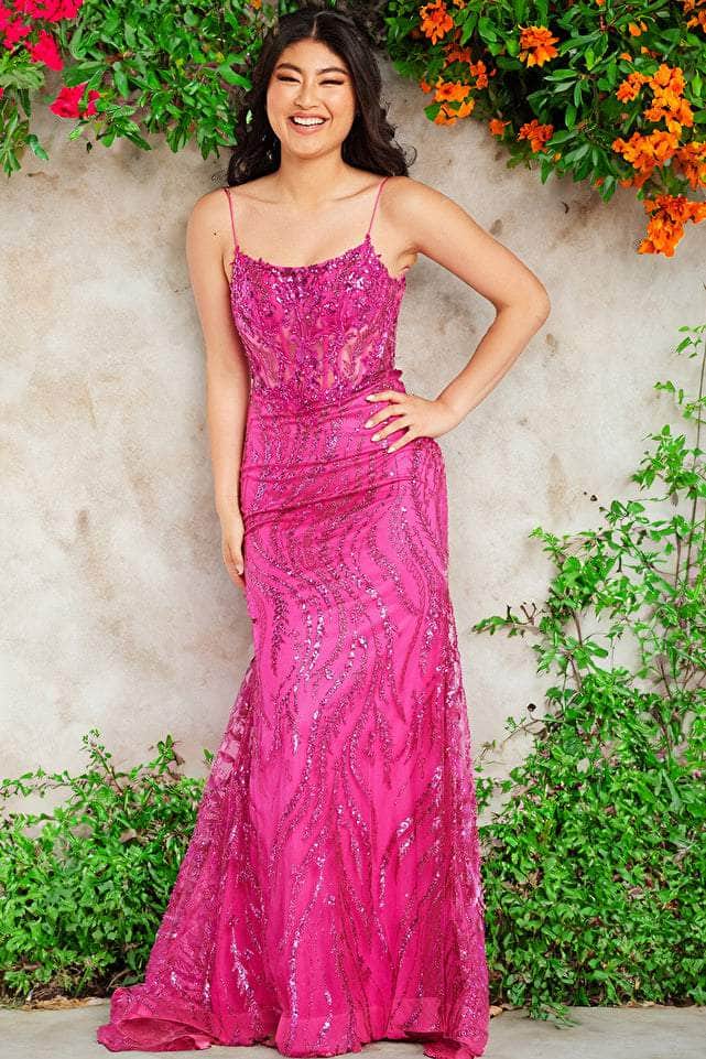 JVN by Jovani JVN23250 - Embellished Scoop Neck Prom Gown Prom Dresses 00 / Fuchsia