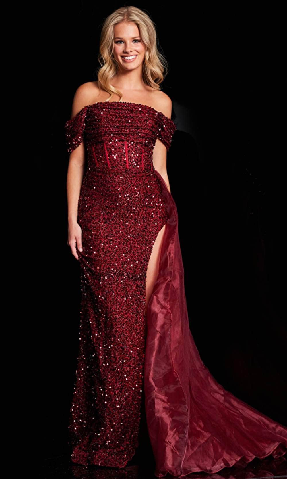 jvn by jovani red dress Burgundy Sequin Prom Dress 25908