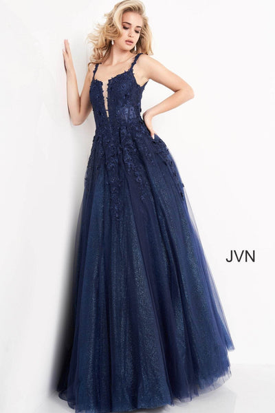 JVN by Jovani - JVN4271 Illusion Paneled Corset Bodice Long Gown Prom Dresses 00 / Navy