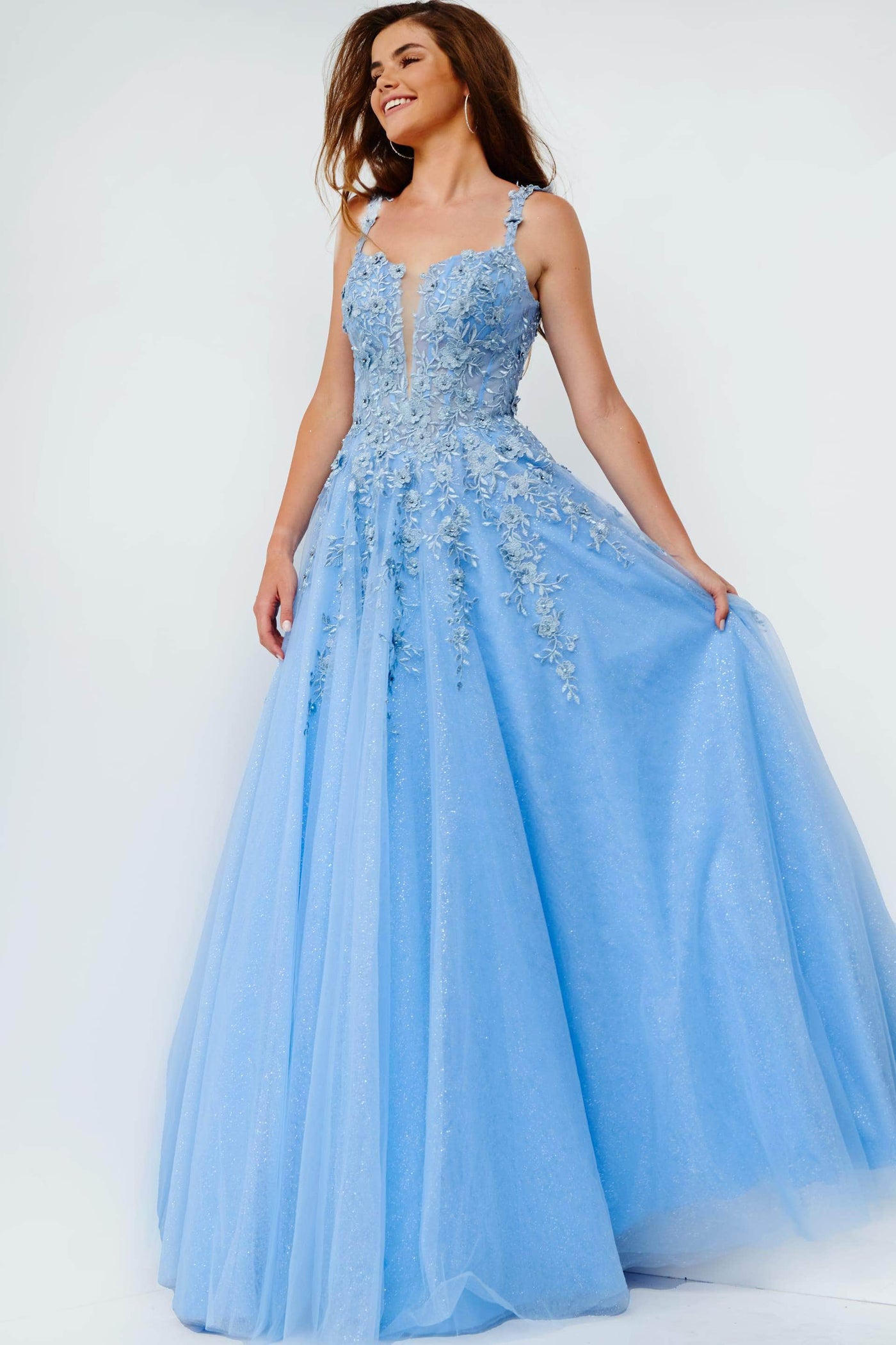 JVN by Jovani - JVN4271 Illusion Paneled Corset Bodice Long Gown Prom Dresses 00 / Sky Blue