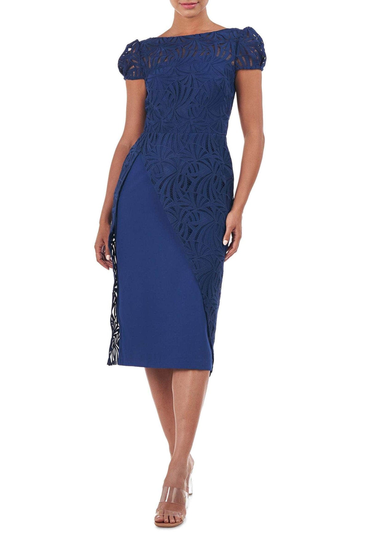 Kay Unger 5519268 - Tea-Length Lace Sheath Dress - Puff Cap Sleeve, Lace, Illusion Bodice, V-Back, Back Zipper, Fitted ADASA Kay Unger 5519268 - Tea-Length Lace Sheath Dress - Puff Cap Sleeve, Lace, Illusion Bodice, V-Back, Back Zipper, Fitted ADASA