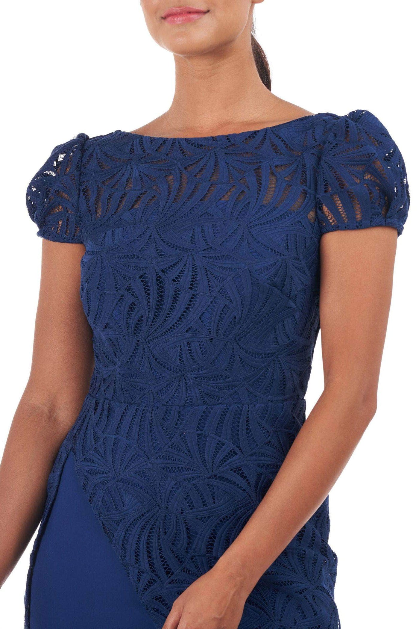 Kay Unger 5519268 - Tea-Length Lace Sheath Dress - Puff Cap Sleeve, Lace, Illusion Bodice, V-Back, Back Zipper, Fitted ADASA Kay Unger 5519268 - Tea-Length Lace Sheath Dress - Puff Cap Sleeve, Lace, Illusion Bodice, V-Back, Back Zipper, Fitted ADASA