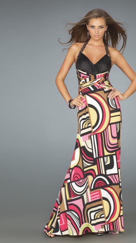 La Femme - 14283 Long Halter Printed Dress Special Occasion Dress 00 / Fuchsia