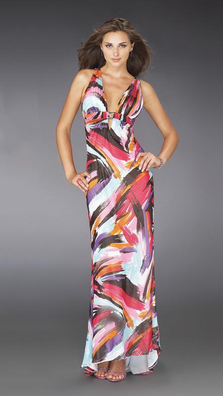 La Femme - 14319 Deep V-neckline Printed Evening Dress Special Occasion Dress 0 / Fuchsia