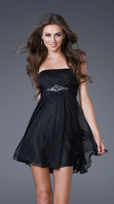 La Femme - 15851 Jewel Embellished Ruched Straight neck Chiffon A-line Dress Special Occasion Dress 00 / Black