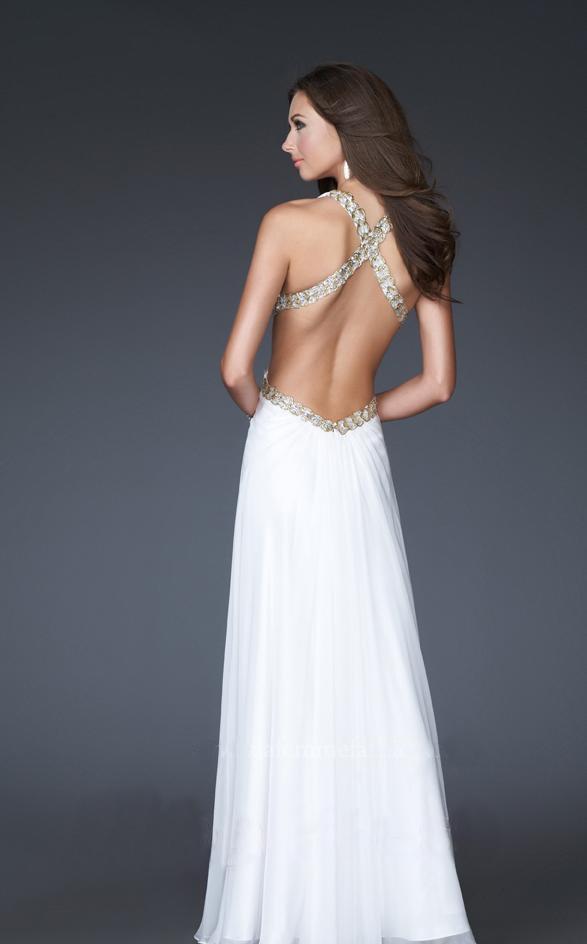 La Femme - 16100 Gold Strap Crisscross Back Halter Style Evening Gown Special Occasion Dress