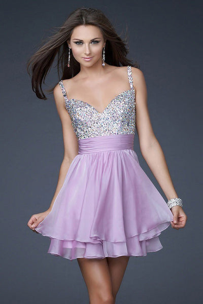 La Femme - 16813 Bejeweled Short Chiffon Party Dress Special Occasion Dress 00 / Lavender