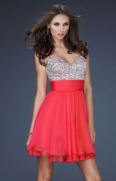 La Femme - 16813 Bejeweled Short Chiffon Party Dress Special Occasion Dress 00 / Watermelon