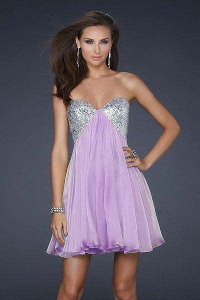 La Femme - 17649 Strapless Sequined Sweetheart Mini Party Dress Special Occasion Dress 00 / Lavender