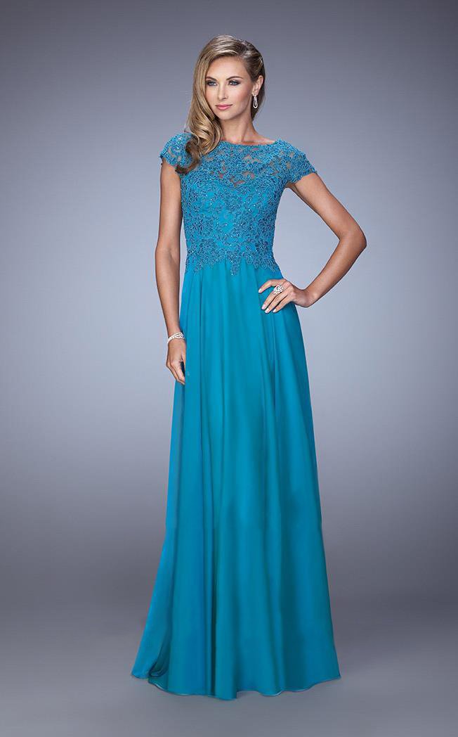 La Femme - 21627 Illusion Lace Chiffon Gown Special Occasion Dress 0 / Teal