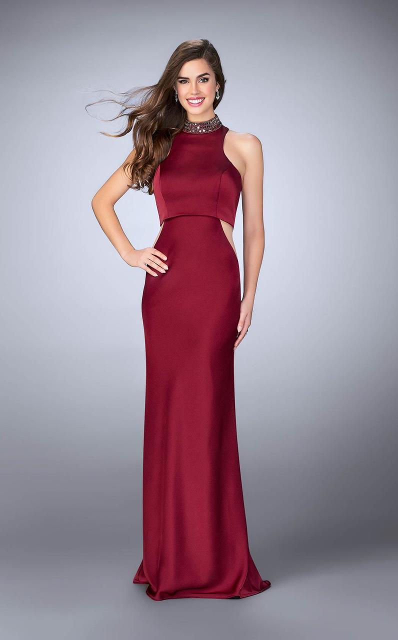 La Femme - 23750 Chic High Collar Sculpted Sheath Long Evening Gown Special Occasion Dress 00 / Burgundy