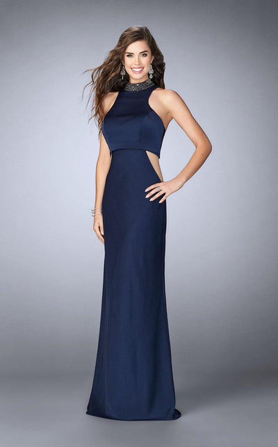 La Femme - 23750 Chic High Collar Sculpted Sheath Long Evening Gown Special Occasion Dress 00 / Navy