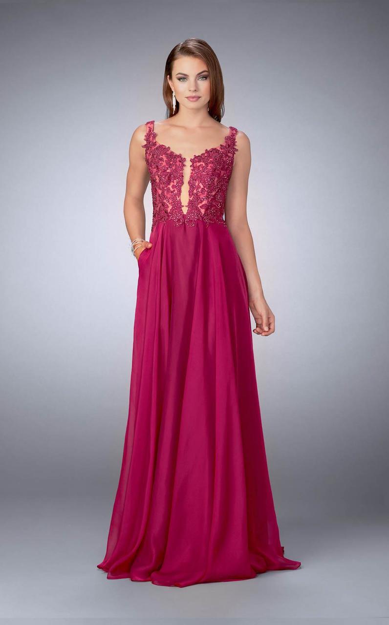 La Femme - 23802 Deep V Neck Illusion Lace Top Prom Gown Special Occasion Dress 00 / Cranberry